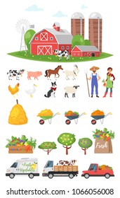 Vector cartoon style farmers set: farm, people, animals, fruit trees, cars. Isolated on white background.