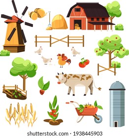 Vector cartoon style farmers set. Red barn, animals, fruit trees, sheaf, cart, mill. Isolated on white background for your design