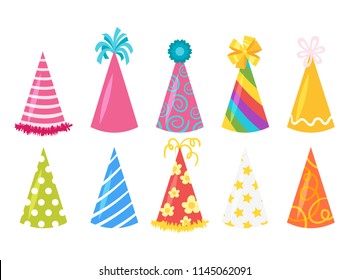 Vector cartoon style festive cone hats set. Isolated on white background.