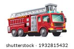Vector cartoon style fire rescues red truck, isolated on white background.