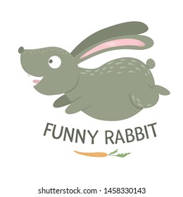 Vector cartoon style flat funny rabbit with carrot isolated on white background. Cute illustration of woodland animal. Running hare icon for children’s design