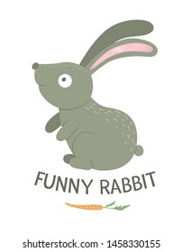 Vector cartoon style flat funny rabbit with carrot isolated on white background. Cute illustration of woodland animal. Sitting hare icon for children’s design