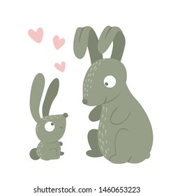 Vector cartoon style flat funny rabbit parent with baby isolated on white background. Cute illustration of woodland animals’ family. Hare icon for children’s design