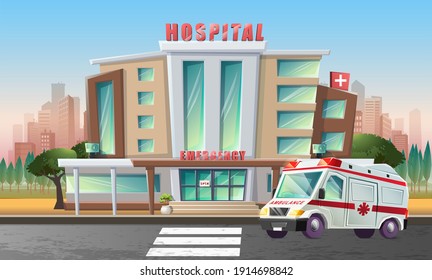 Vector cartoon style flat illustration of hospital building with ambulance car in front of it with behind city view.