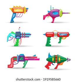 Vector cartoon style flat illustration of futuristic colorful blasters isolated on white background.