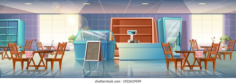 Vector cartoon style flat illustration of restaurant interior with showcases, cashier and dining tables with menu stand and big windows with sunlight coming through.