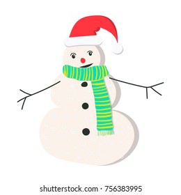 Vector cartoon style flat smiling snowman in stipey scarf and red Santa hat. Christmas symbol. Isolated on white background