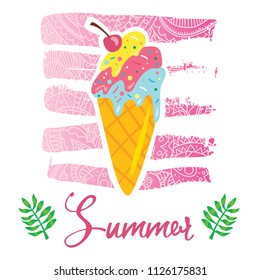Vector cartoon style flyer t-shirt print card design with trendy summer tasty ice cream on elegant pink lace gradient strokes