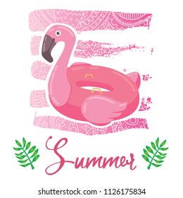 Vector cartoon style flyer t-shirt print card design with trendy summer flamingo swimming pool ring on elegant pink lace gradient strokes