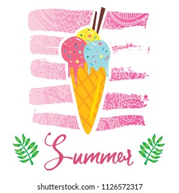 Vector cartoon style flyer t-shirt print card design with trendy summer tasty ice cream on elegant pink lace gradient strokes