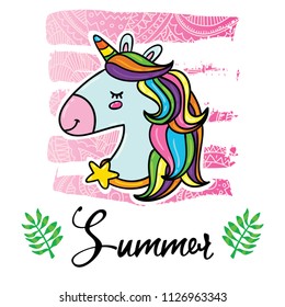 Vector cartoon style flyer t-shirt print card design with trendy summer magic unicorn on elegant pink lace gradient strokes