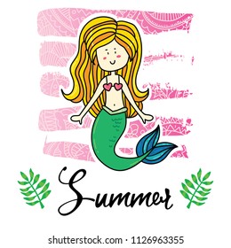 Vector cartoon style flyer t-shirt print card design with trendy summer magic mermaid girll on elegant pink lace gradient strokes