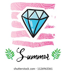 Vector cartoon style flyer t-shirt print card design with trendy summer shining diamond on elegant pink lace gradient strokes