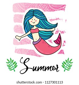 Vector cartoon style flyer t-shirt print card design with trendy summer magic mermaid girll on elegant pink lace gradient strokes