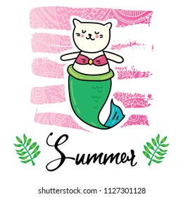 Vector cartoon style flyer t-shirt print card design with trendy summer cat mermaid on elegant pink lace gradient strokes