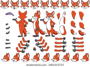 Vector cartoon style fox character for animation. Different emotions, gestures and poses. Isolated vector illustration.