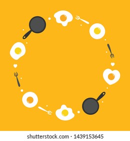 Vector cartoon style frame, card template with fried eggs in different shapes, pans and forks for breakfast and cooking design.