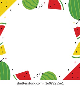 Vector cartoon style frame, card template with watermelon slices for summer and vacation design.