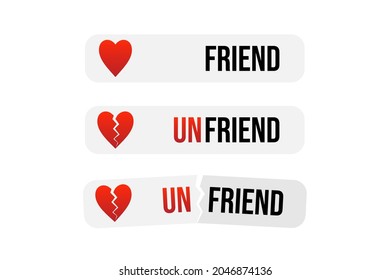 Vector cartoon style friend and unfriend conceptual stickers, labels, banners for social media, text chat design.
