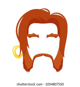 Vector cartoon style funny pirate face element or carnival mask. Decoration item for your selfie photo and video chat filter. Red hair, mustaches and golden earring. Isolated on white background.

