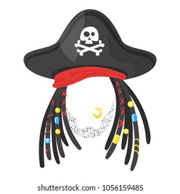 Vector cartoon style funny pirate face element or carnival mask. Decoration item for your selfie photo and video chat filter. Hair-dreadlocks and hat. Isolated on white background.
