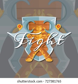 Vector cartoon style game design magic staff and spellbook elements with lettering and shadows on grey background isolated illustration