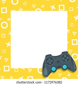 Vector cartoon style gaming video and photo frame background or photo both for editing. Layout with gamer controller. Square composition.