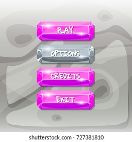Vector cartoon style gemstone buttons with text for game design on texture background illustration