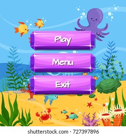 Vector cartoon style gemstone buttons with text for game design on sealife landscape background illustration