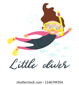 Vector cartoon style girl in diving swim suit. Summer season. Little diver text.
