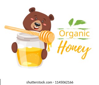 Vector cartoon style glass honey jar and cute character bear. Eco organic product illustration. Isolated on white background.