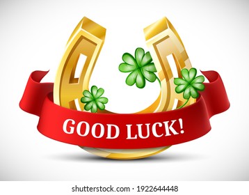 Vector cartoon style golden horseshoe with clover leaves and good luck red ribbon with space for your text.