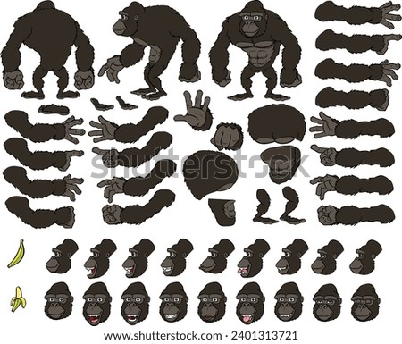 Vector cartoon style gorilla character for animation. Different emotions, gestures and poses. Isolated vector illustration.