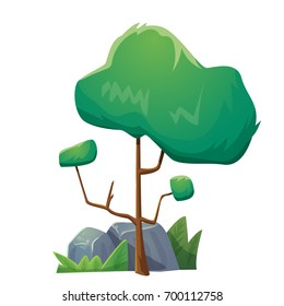 Vector cartoon style green tree with rock stones illustration isolated on white background