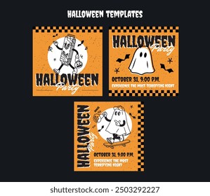 Vector cartoon style halloween party square posters for social media in orange and black