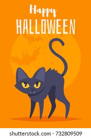 Vector cartoon style Halloween poster design template with holiday symbols vampire cat.