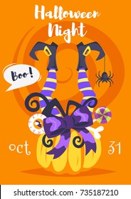 Vector cartoon style Halloween poster design template with holiday symbols pumpkin and witch legs.