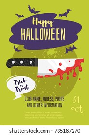 Vector cartoon style Halloween poster design template with holiday symbols bloody knife.