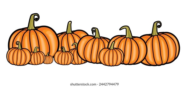 Vector cartoon style Halloween pumpkins collection set design element isolated on white background. Repeatable and printable pumpkin texture. Halloween and Holiday and Pumpkin Concept Design.