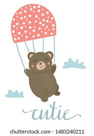 Vector cartoon style hand drawn flat bear flying on mushroom like parachute among the clouds. Funny scene with Teddy. Cute illustration of woodland animal for children’s design, print, stationery