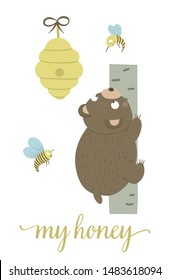 Vector cartoon style hand drawn flat bear climbing the tree for beehive surrounded by bees. Funny scene with Teddy wanting to get some honey. Cute illustration of woodland animal for children’s design
