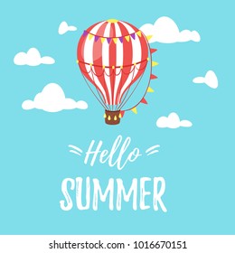 Vector cartoon style Hello Summer design for season postcard or poster with air balloon in the blue sky. Colorful vibrant template for print.