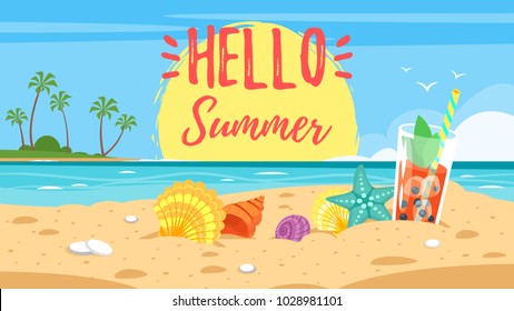 Vector cartoon style hello summer banner. Background of sea shore with colorful seashells and tropical cocktail. Good sunny day. Hello summer text.