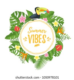 Vector cartoon style Hello Summer design for season postcard or poster with floral circle composition with tropical leaves and toucan bird. Colorful vibrant template for print on white background. 