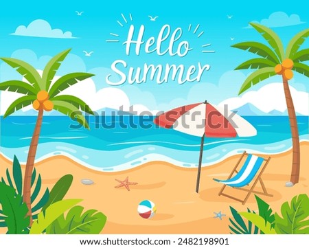 Vector cartoon style hello summer design template with tropical coast and coconut trees