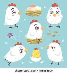 vector cartoon style hen chicken kawaii set