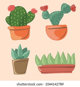 Vector cartoon style  of home plants cactuses in the pots and with flowers. Set of different decorative cactuses