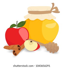 Vector cartoon style honey glass jar and apples and cinnamon sticks.