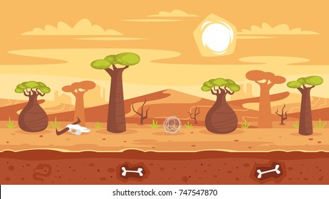 Vector cartoon style horizontal fantasy hot seamless landscape with baobab and desert dunes. Ready for parallax effect for games and animation.