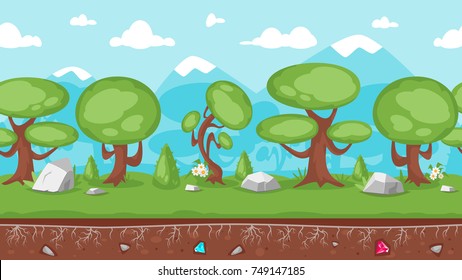 Vector cartoon style horizontal fantasy forest seamless landscape with trees, stones and mountains. Ready for parallax effect for games and animation.